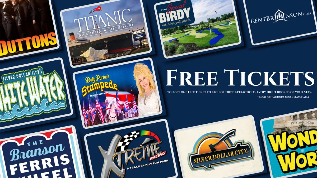 An interior scene featuring a vibrant wall with various attraction logos and bold text advertising 'FREE TICKETS,' evoking the excitement and possibility of exploring Branson's many entertainment options.