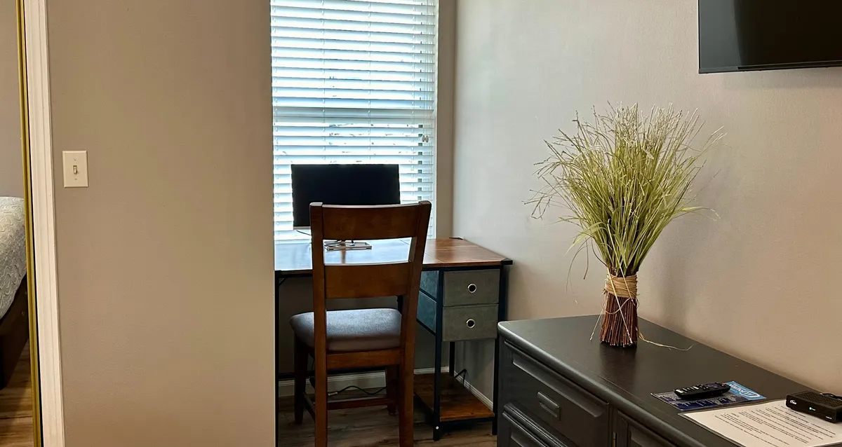 A dedicated workspace featuring a wooden desk, comfortable chair, decorative plant, and a TV—providing a quiet spot for work or study within the bedroom suite.